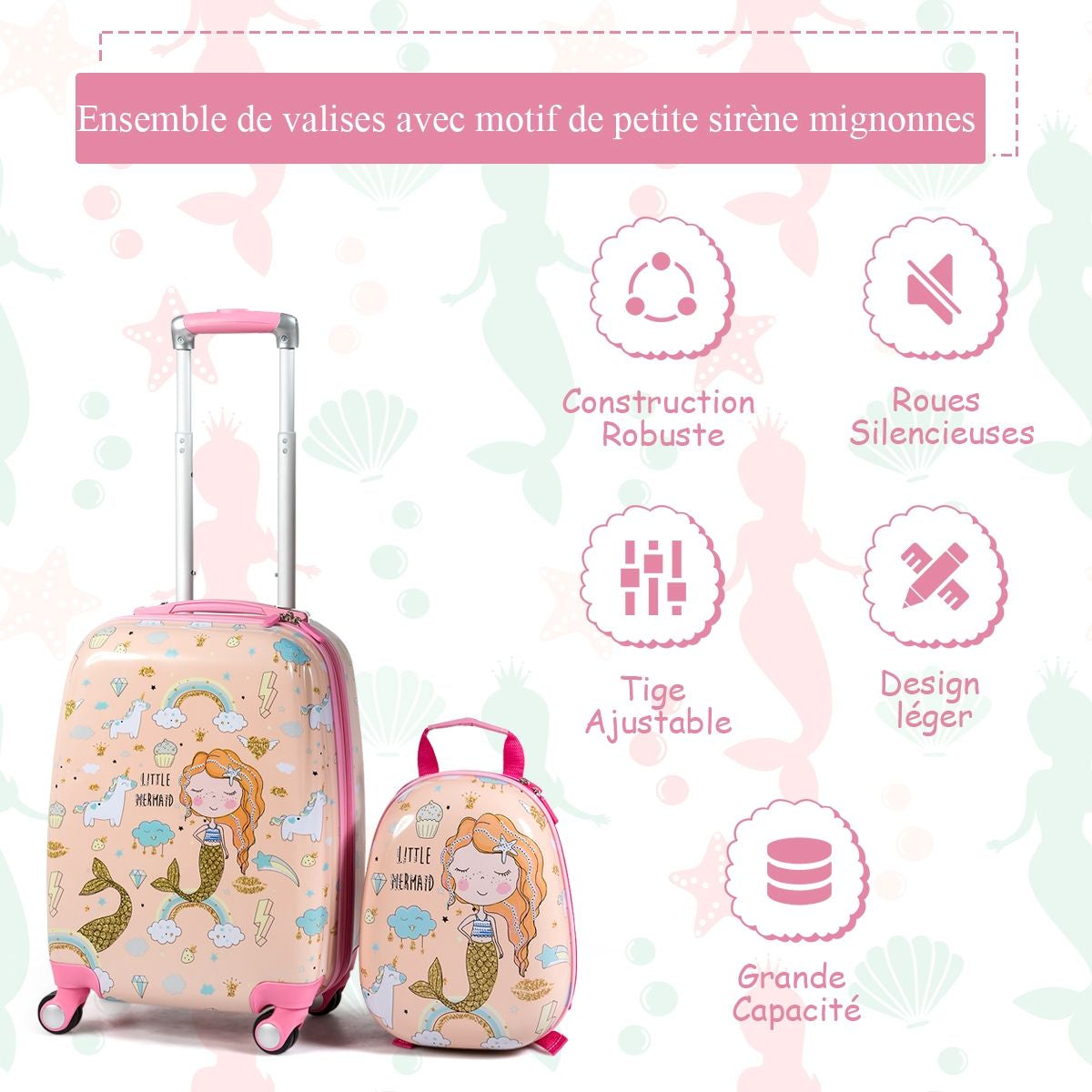 Valise Enfant 18" Et Sac À Dos 12" Bagages À Main À Motif Sirène Avec 4 Roulettes Poignée Réglable Rose