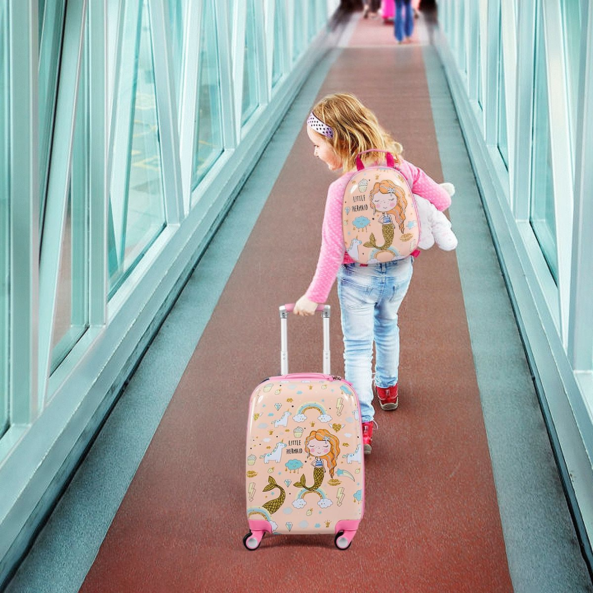Valise Enfant 18" Et Sac À Dos 12" Bagages À Main À Motif Sirène Avec 4 Roulettes Poignée Réglable Rose