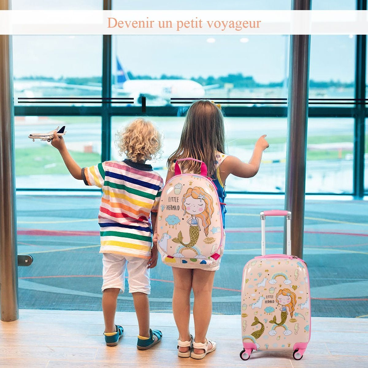Valise Enfant 18" Et Sac À Dos 12" Bagages À Main À Motif Sirène Avec 4 Roulettes Poignée Réglable Rose