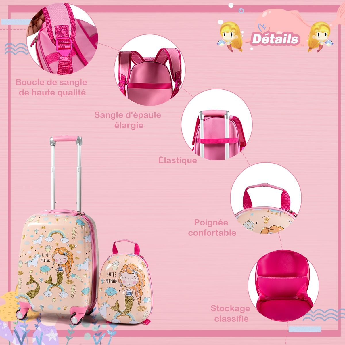 Valise Enfant 18" Et Sac À Dos 12" Bagages À Main À Motif Sirène Avec 4 Roulettes Poignée Réglable Rose