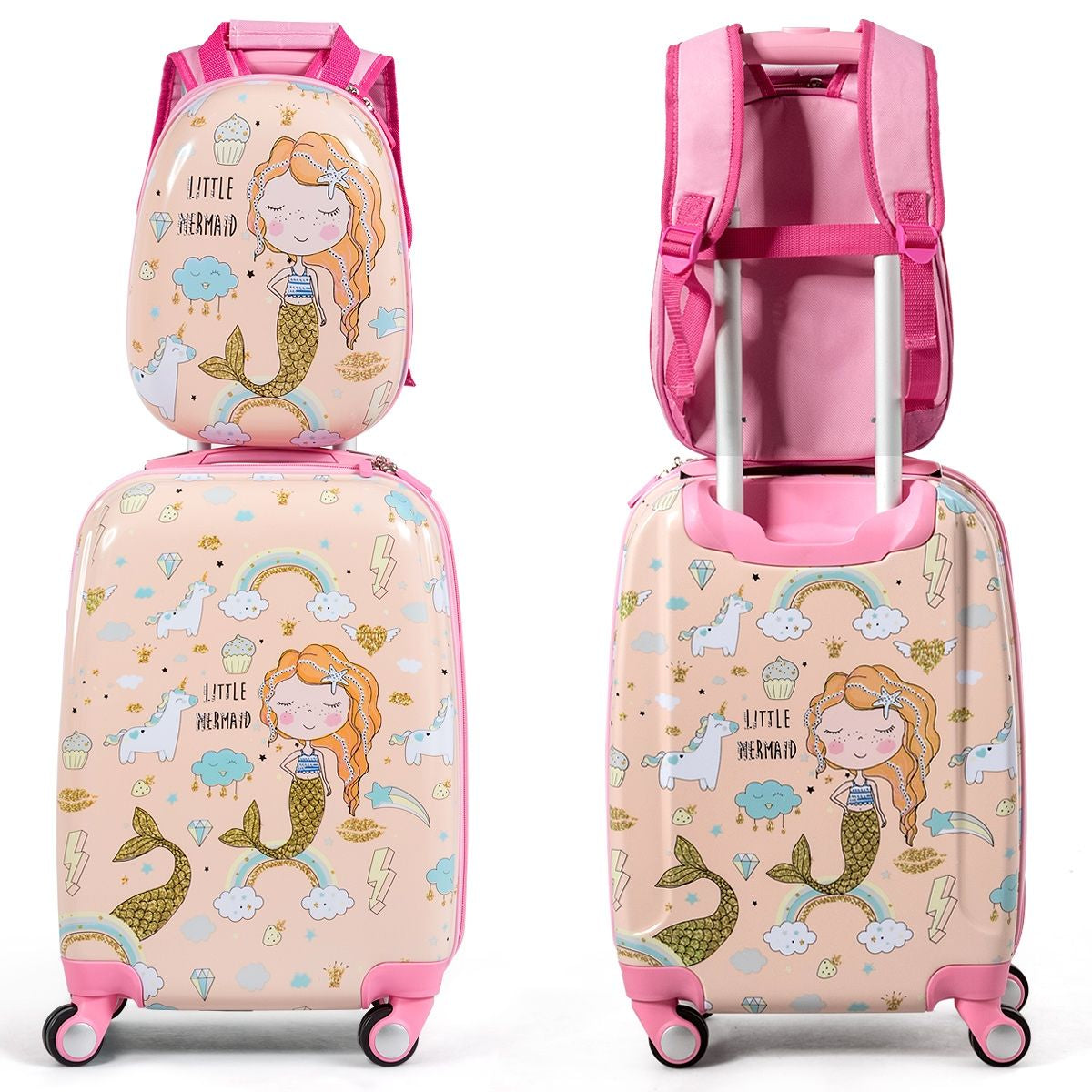 Valise Enfant 18" Et Sac À Dos 12" Bagages À Main À Motif Sirène Avec 4 Roulettes Poignée Réglable Rose