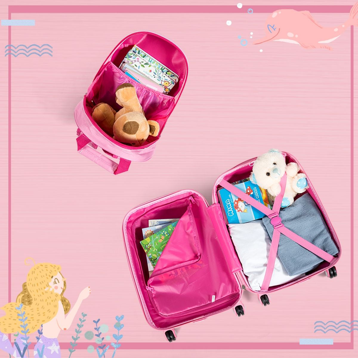 Valise Enfant 18" Et Sac À Dos 12" Bagages À Main À Motif Sirène Avec 4 Roulettes Poignée Réglable Rose