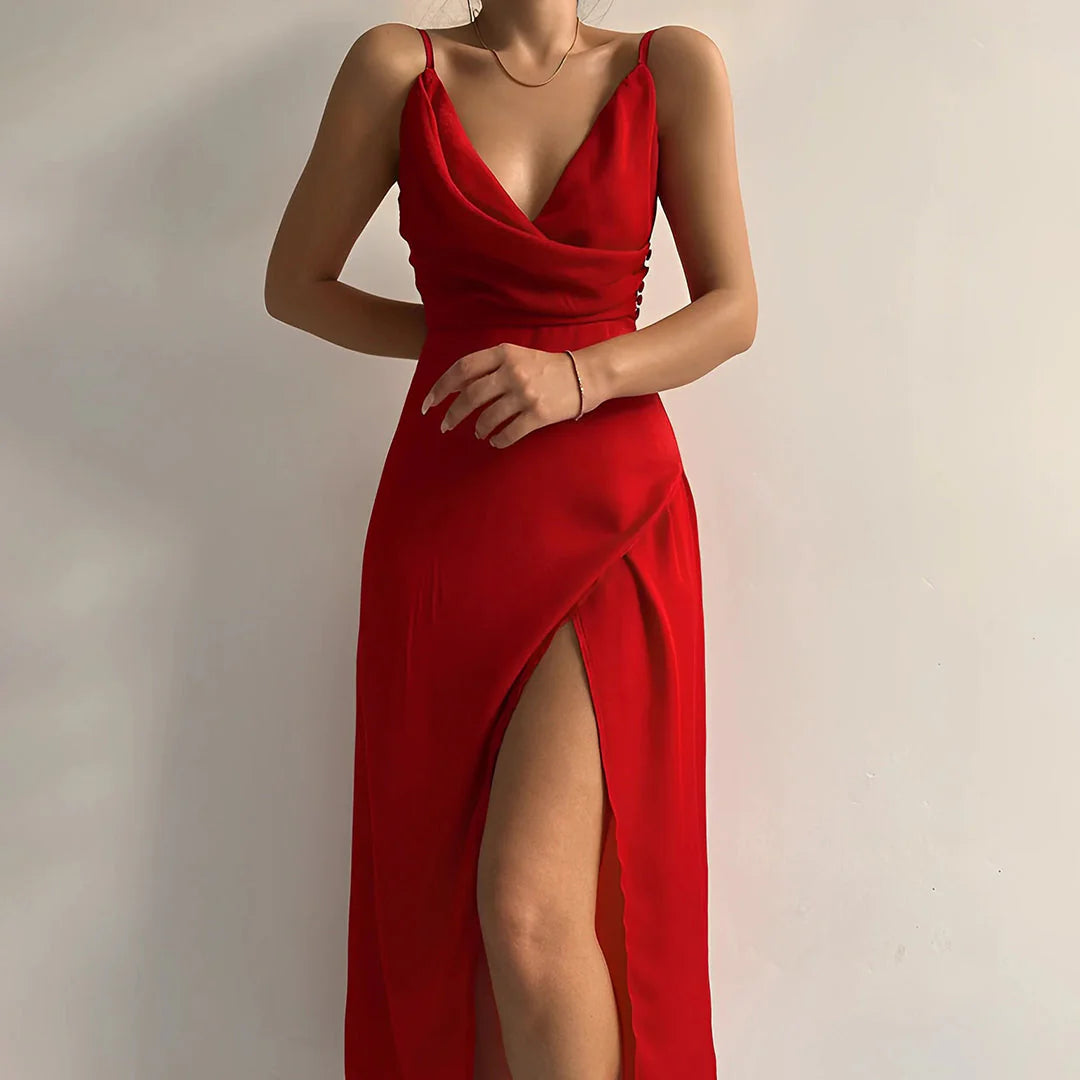 Lange Chiffon & Satijnen Jurk Met Pailletten En Elegante V-Hals