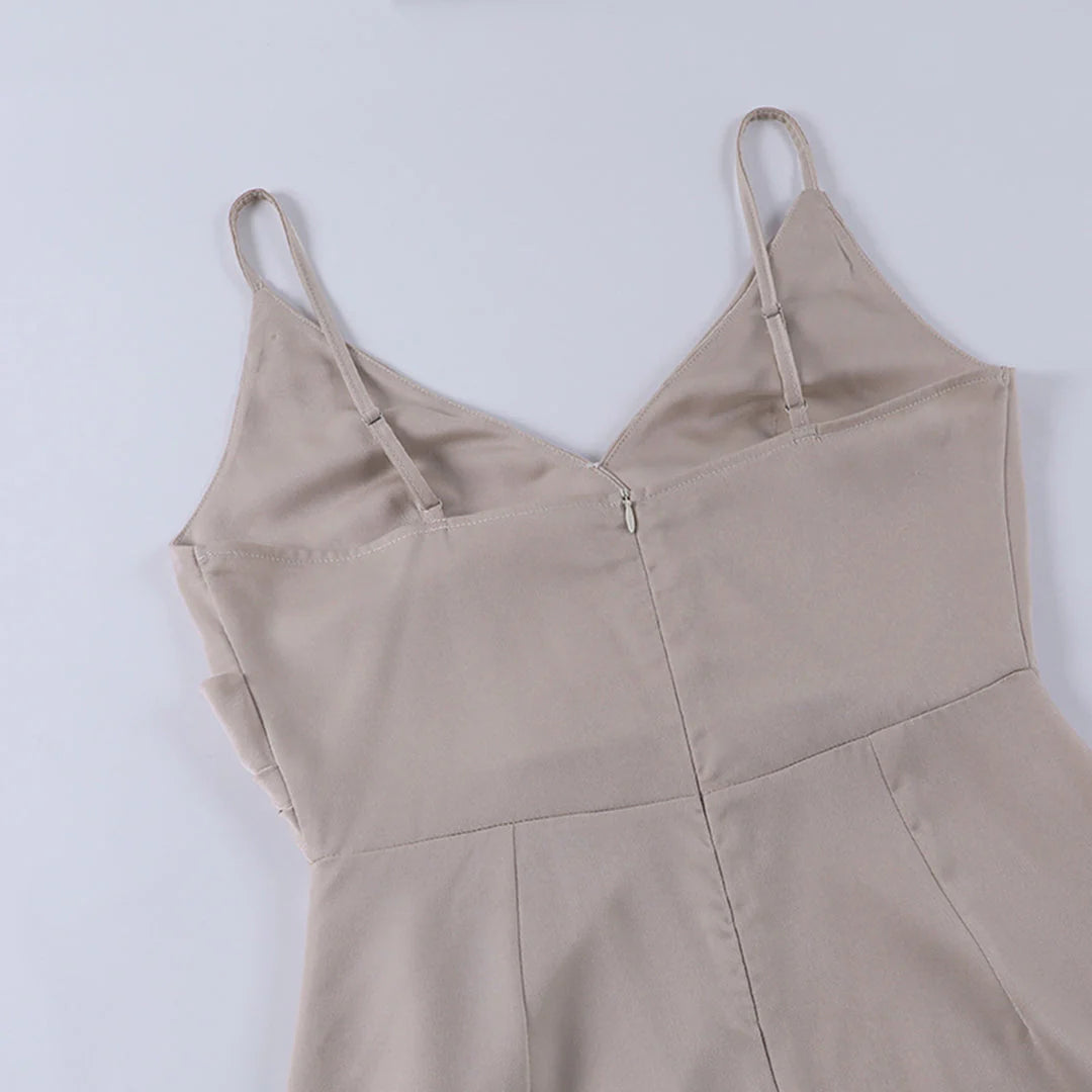 Lange Chiffon & Satijnen Jurk Met Pailletten En Elegante V-Hals