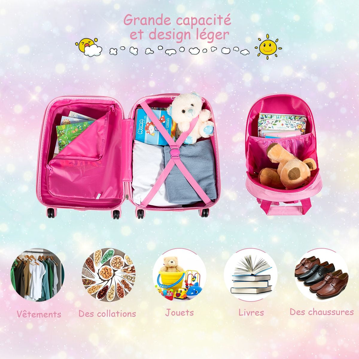 Valise Enfant 18" Et Sac À Dos 12" Bagages À Main À Motif Sirène Avec 4 Roulettes Poignée Réglable Rose