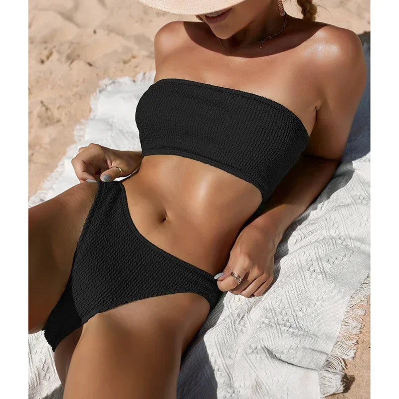 Sexy Bikini Swimwear Women Textured Swimsuit One Shoulder Biquinis Beachwear Bathing Suits