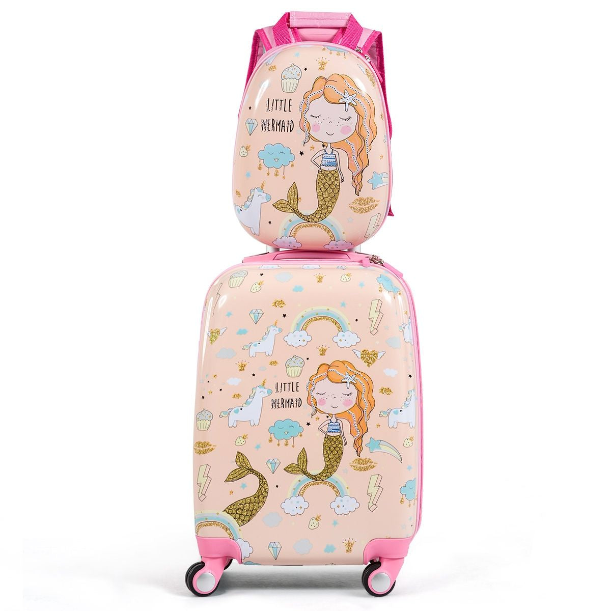 Valise Enfant 18" Et Sac À Dos 12" Bagages À Main À Motif Sirène Avec 4 Roulettes Poignée Réglable Rose