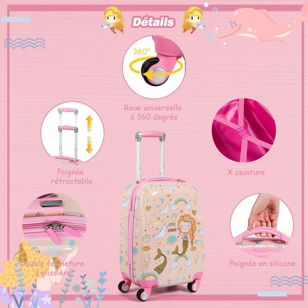 Valise Enfant 18" Et Sac À Dos 12" Bagages À Main À Motif Sirène Avec 4 Roulettes Poignée Réglable Rose