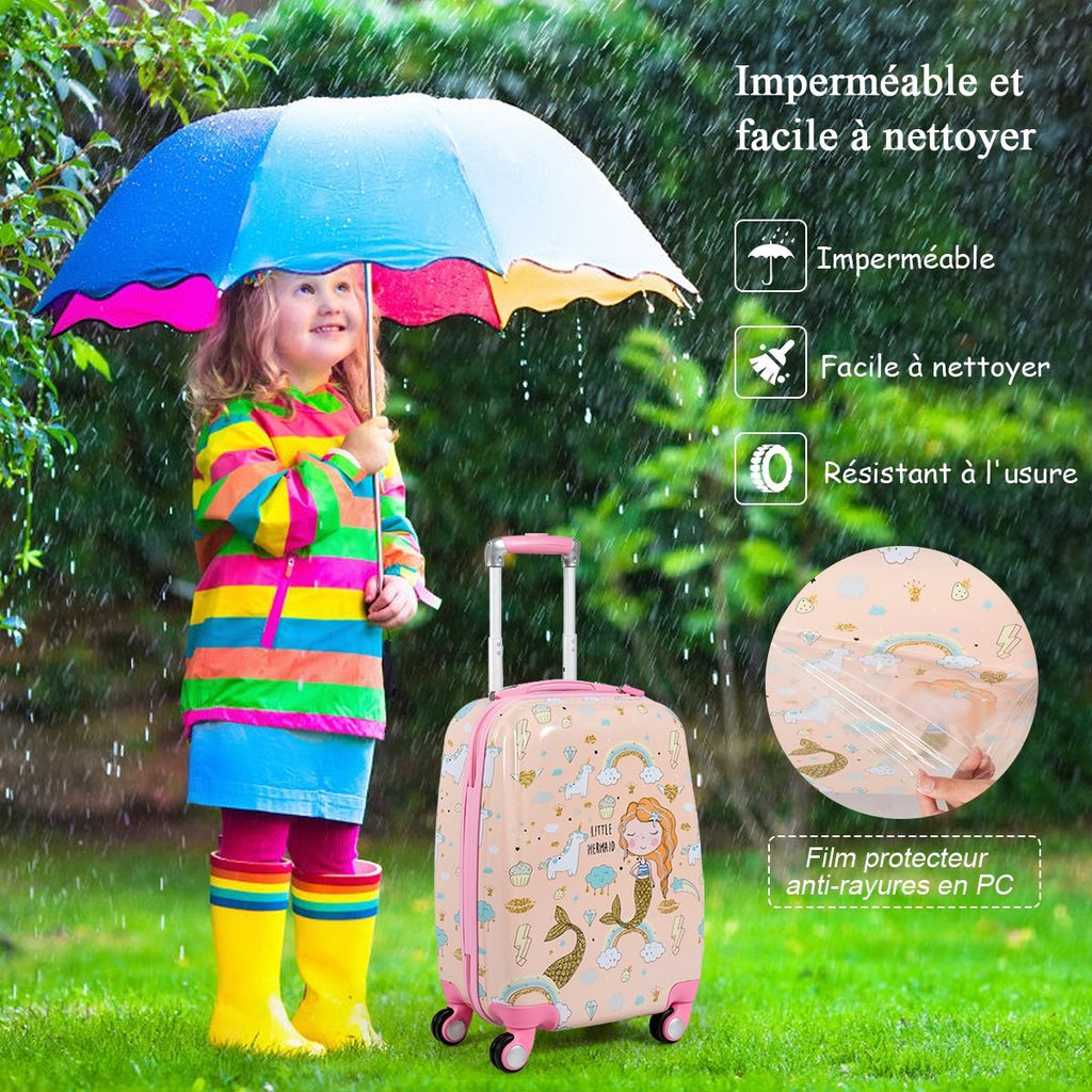 Valise Enfant 18" Et Sac À Dos 12" Bagages À Main À Motif Sirène Avec 4 Roulettes Poignée Réglable Rose