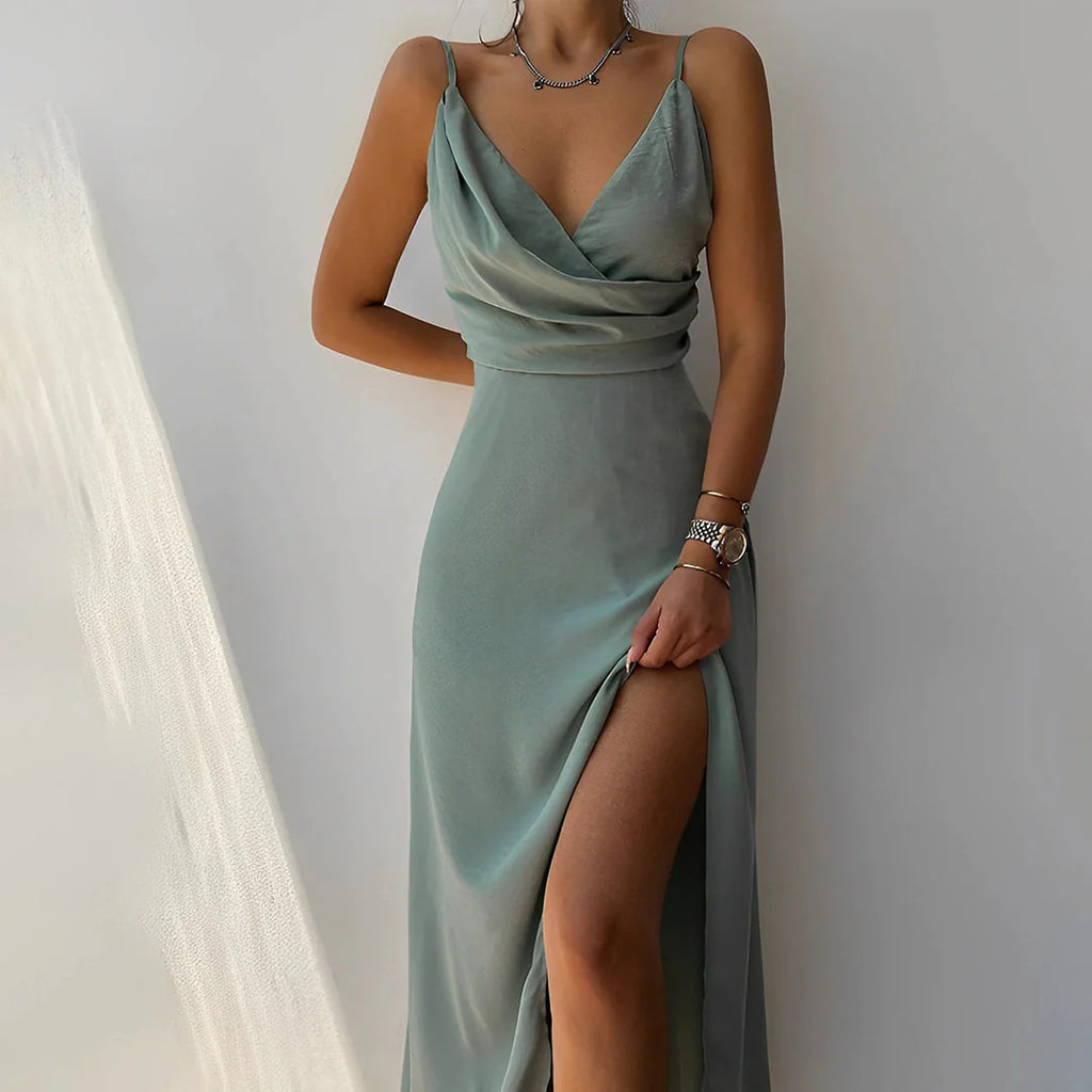 Lange Chiffon & Satijnen Jurk Met Pailletten En Elegante V-Hals