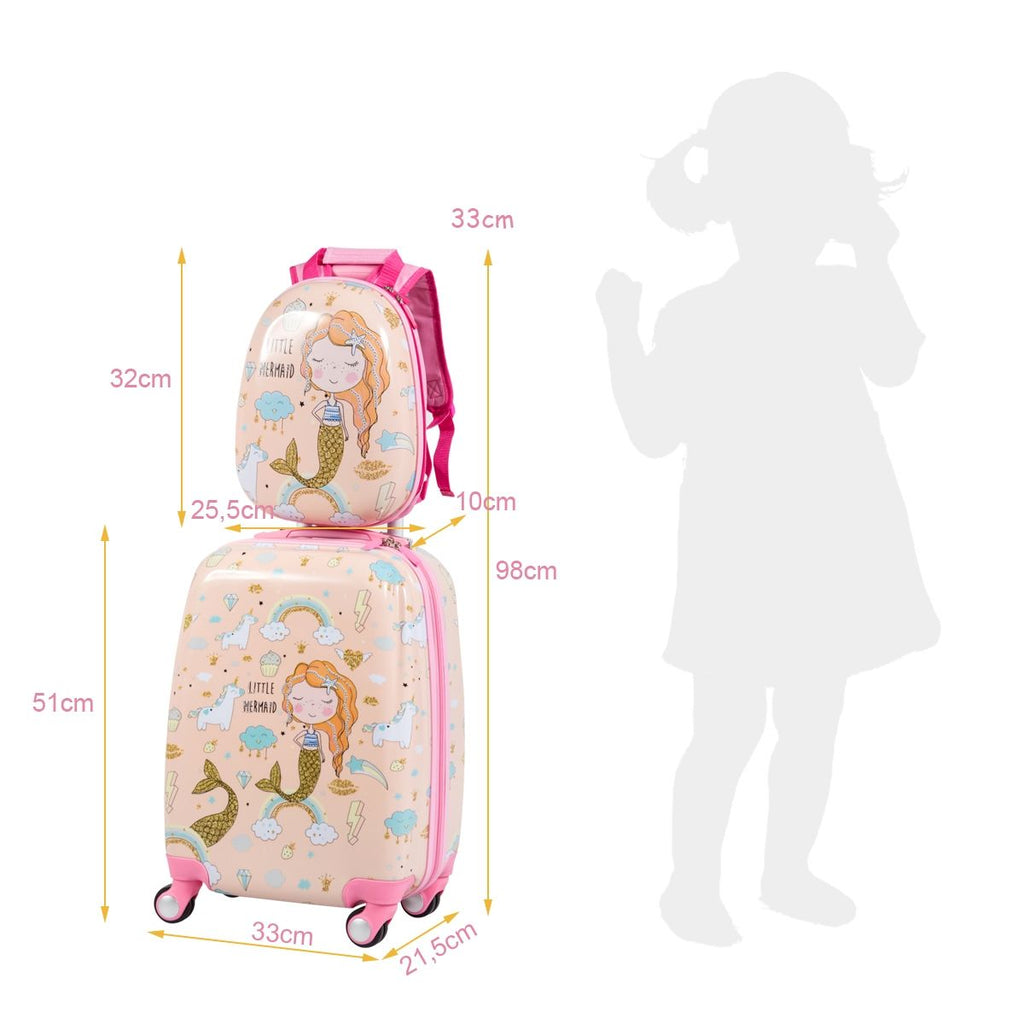Valise Enfant 18" Et Sac À Dos 12" Bagages À Main À Motif Sirène Avec 4 Roulettes Poignée Réglable Rose