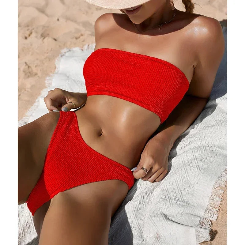 Sexy Bikini Swimwear Women Textured Swimsuit One Shoulder Biquinis Beachwear Bathing Suits